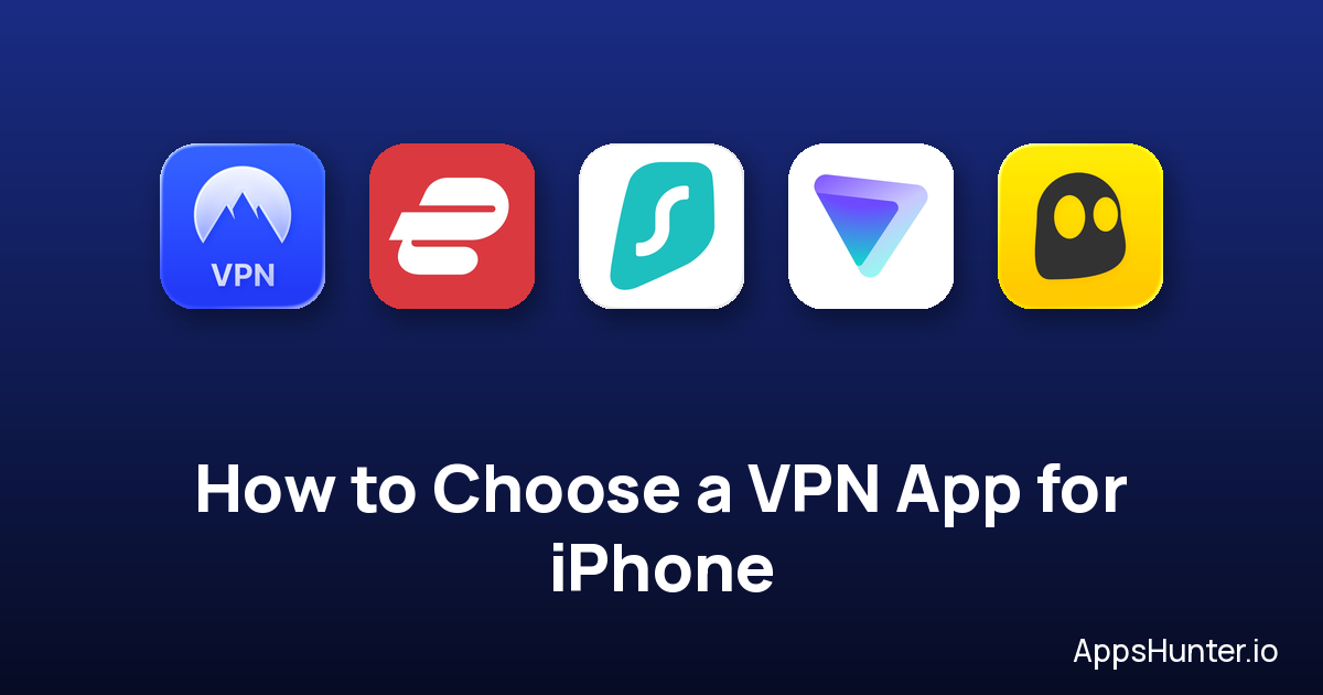 Icons for NordVPN, ExpressVPN, Surfshark, Proton VPN, and CyberGhost — five VPN apps compared for iPhone
