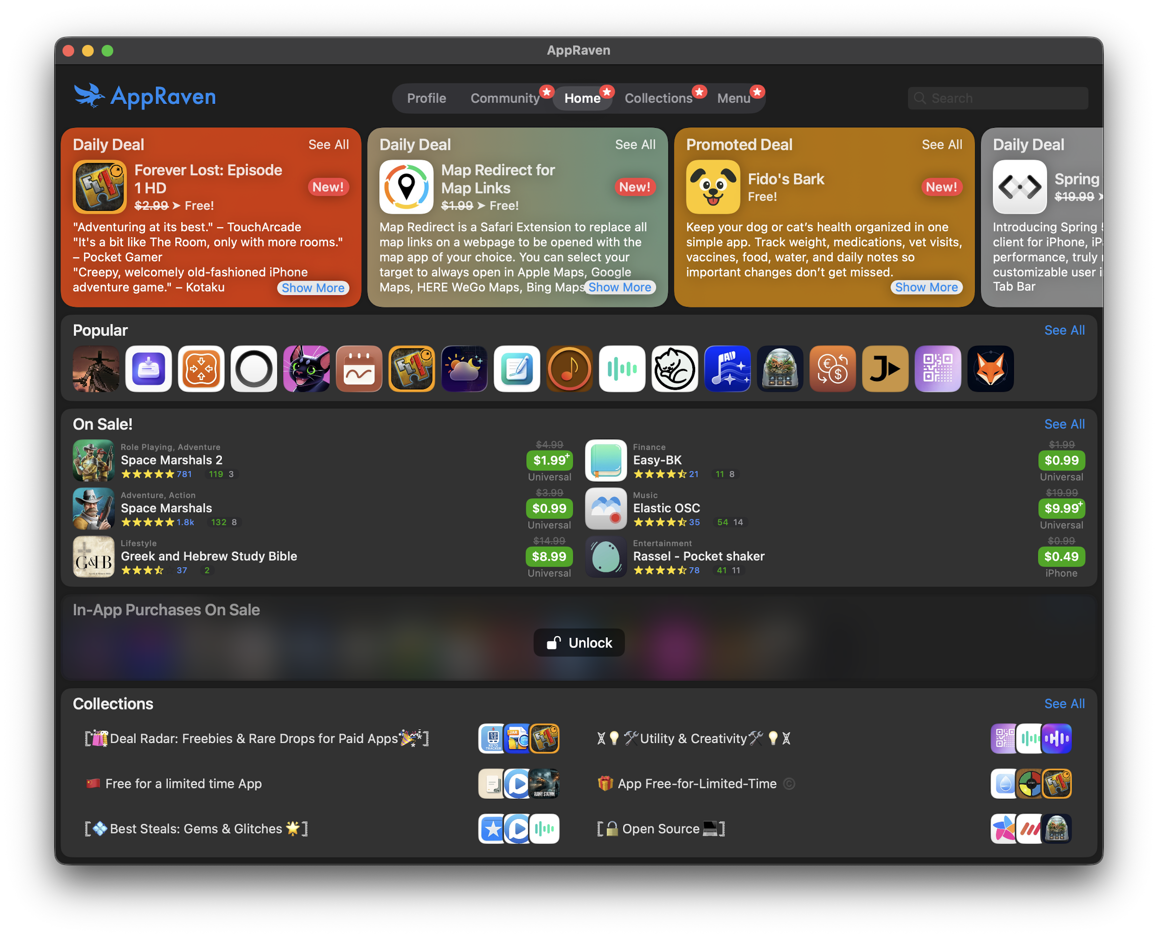AppRaven home screen showing Daily Deal cards, an icon-only Popular row and On Sale apps