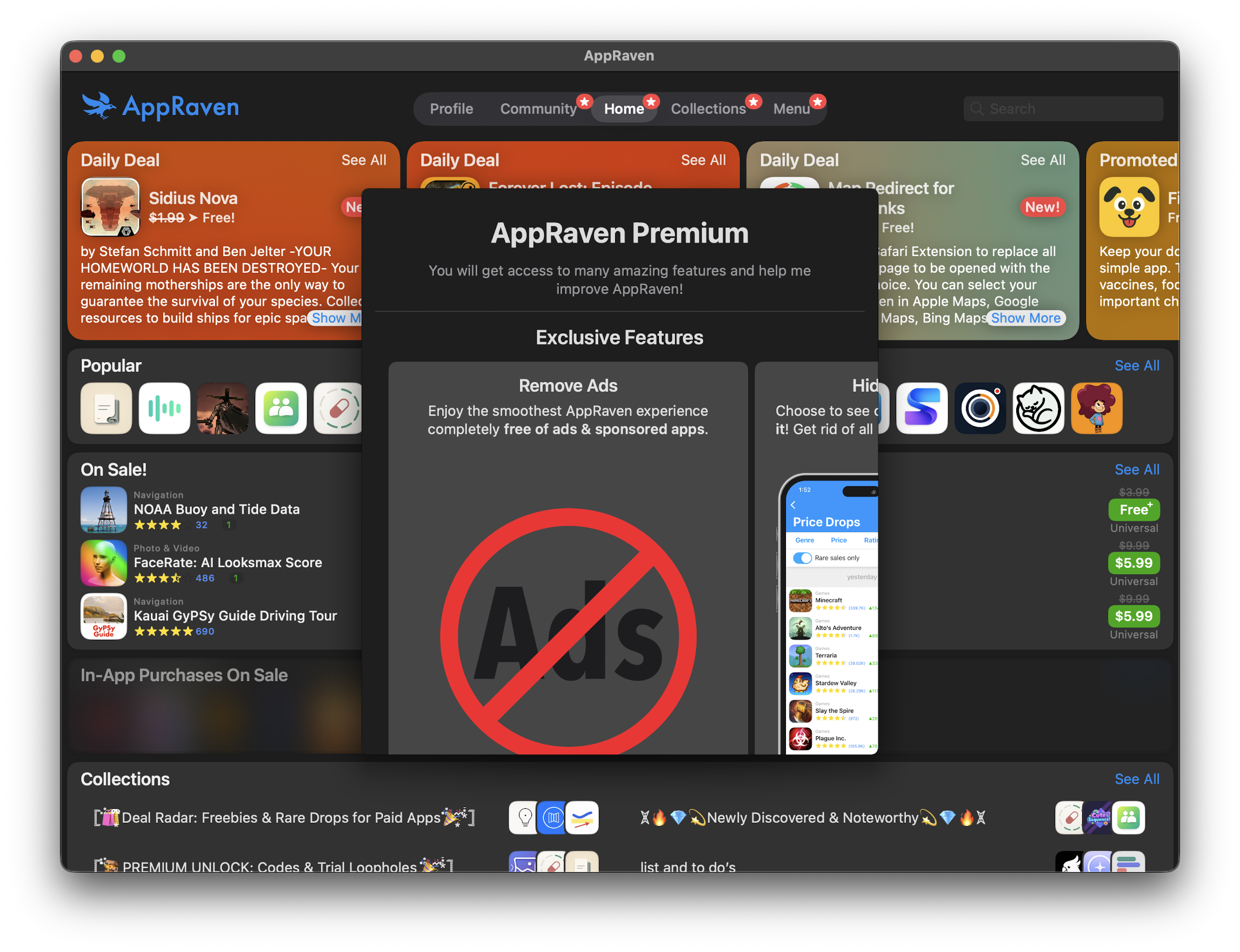 AppRaven's In-App Purchases On Sale section blurred behind an Unlock button