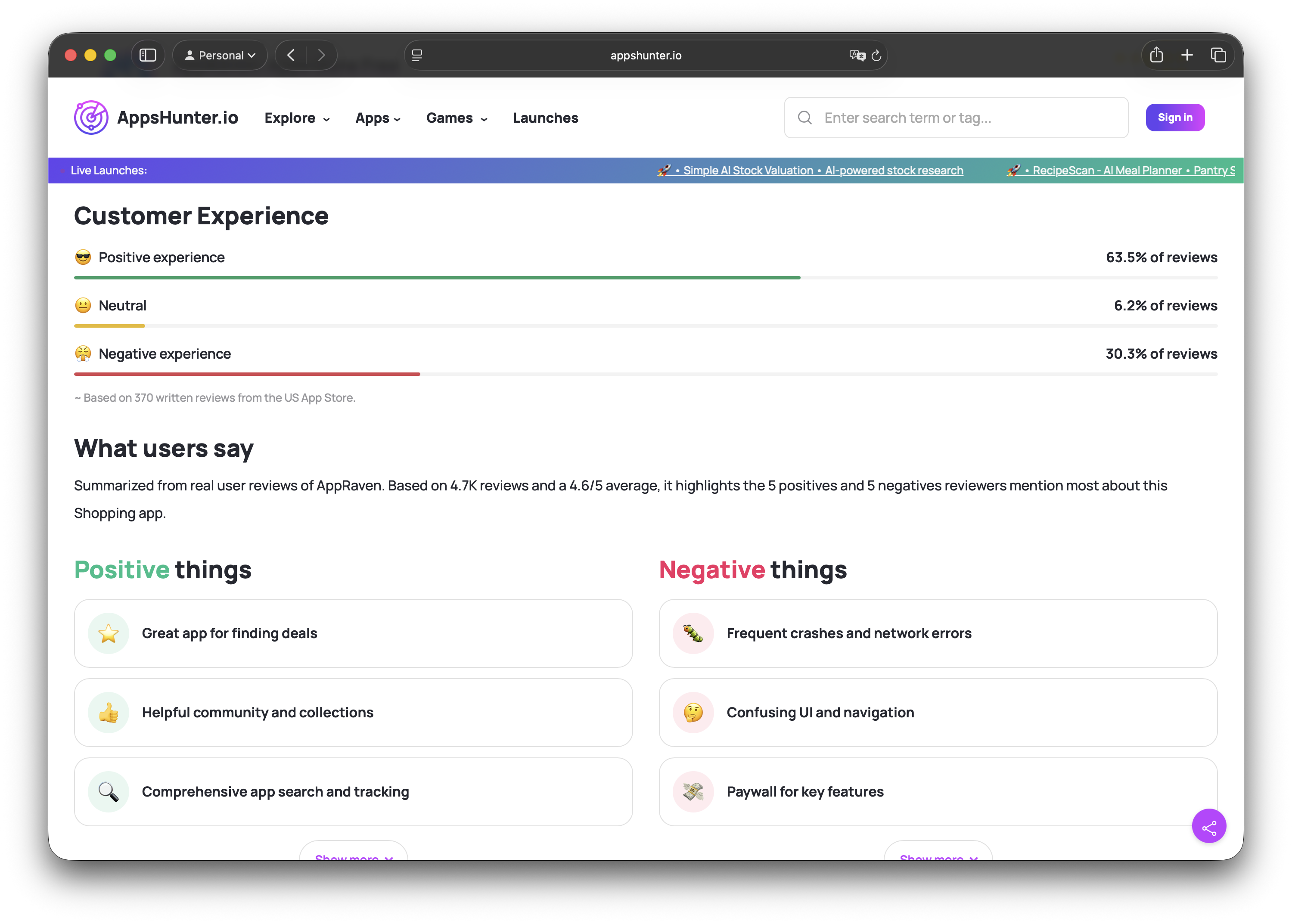 AppsHunter.io Customer Experience module showing positive, neutral and negative review percentages