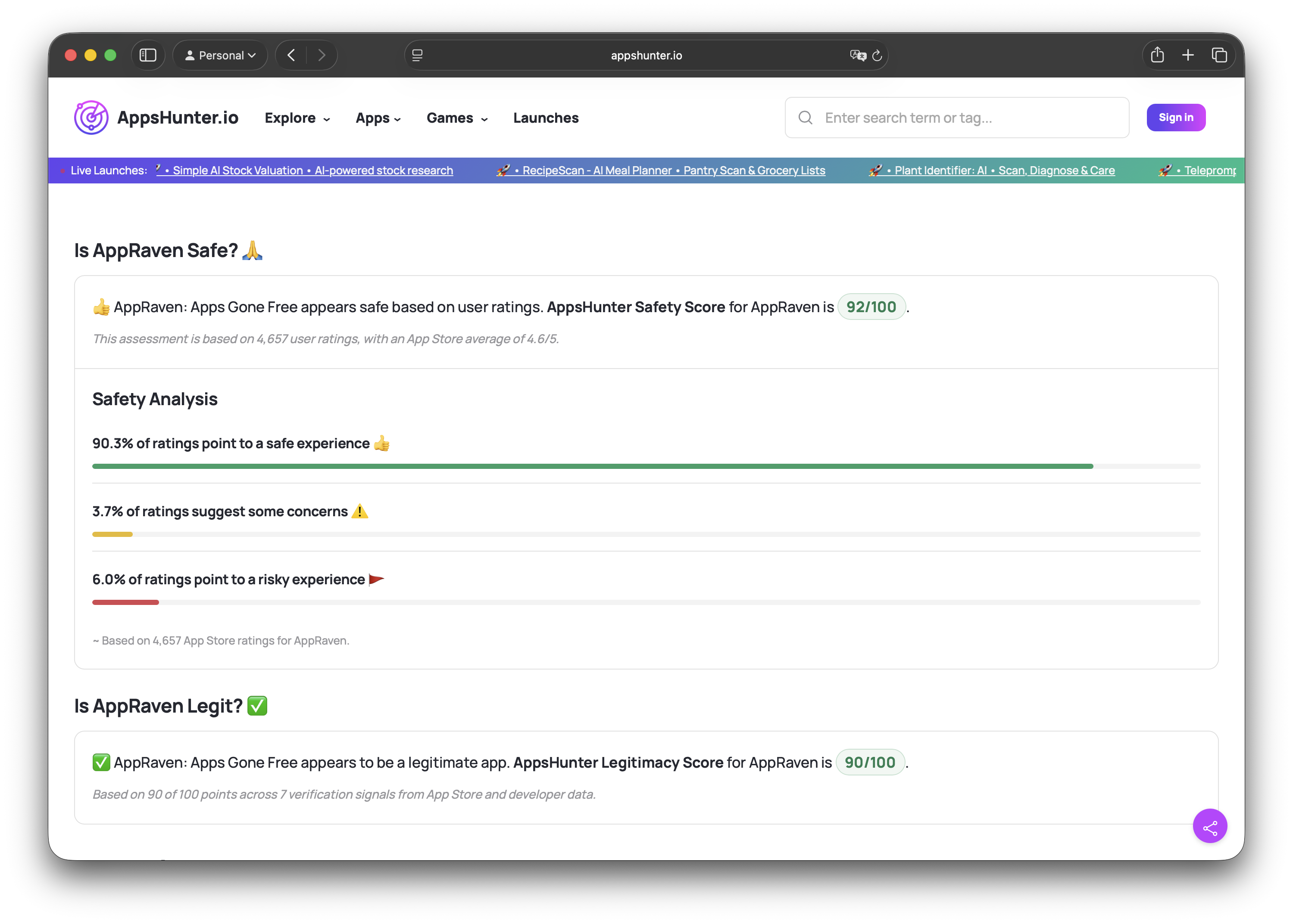 AppsHunter.io reviews page answering whether an app is safe and legitimate