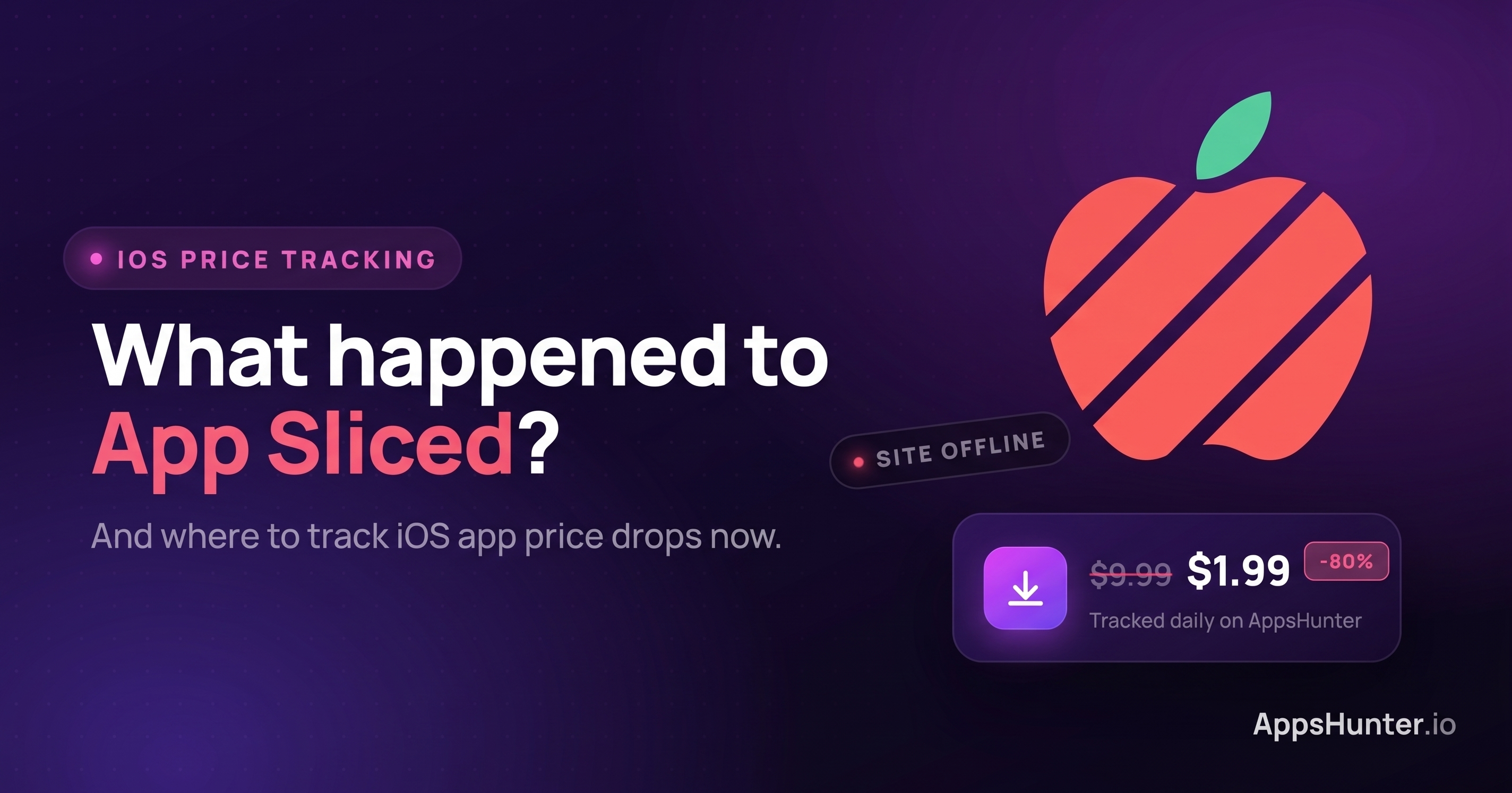 App Sliced site offline, with a sliced Apple logo and an AppsHunter price-drop card showing $9.99 down to $1.99